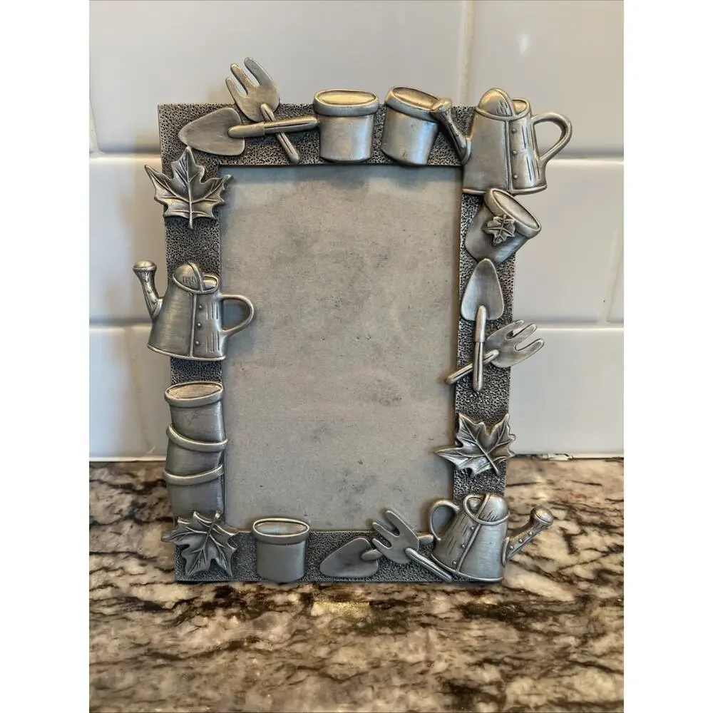 Vintage Pewter Picture Frame Gardening Tools Leaves 4 x 6 Photo Cottage Core
